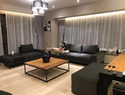סלון מודרני עם ספות שחורות